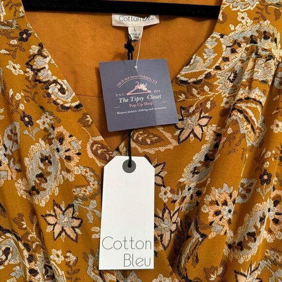 Cotton Bleu Golden Yellow Brown Paisley Long Sleeve Dress Large NWT - Picture 4 of 9
